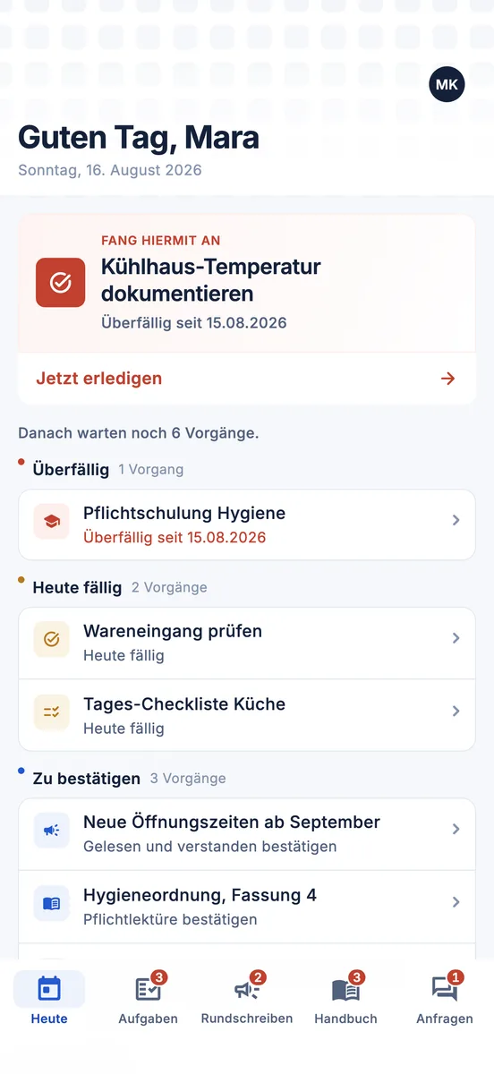 Startbildschirm der Kentarion-App: „Guten Tag, Mara“ mit der dringendsten Aufgabe und den offenen Vorgängen des Tages